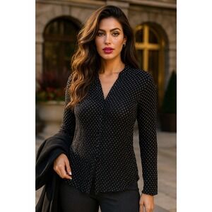 Old Navy Womens Long Sleeve Button Up Top Large 90s Crinkle Black Polka Dot‎